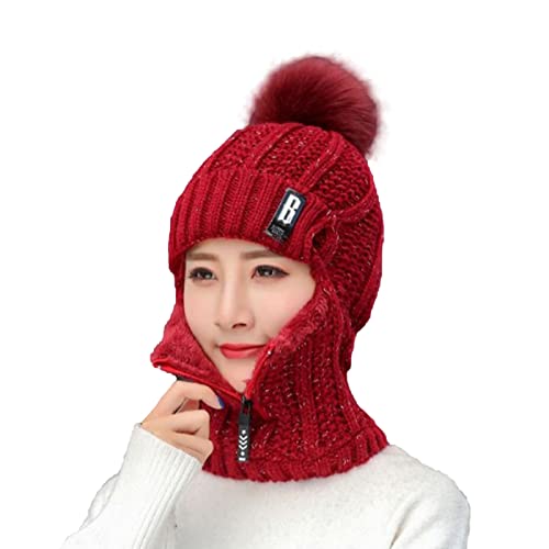Wintermütze, Frauen Strickmütze Schal Set, Fleece gefüttert Plüsch Ball Hals Wärmer Kappe Reißverschluss Warme Winter Gesichtsbedeckung Slouchy Beanie zum Radfahren Damen Wintermützen, weinrot, Small Cover