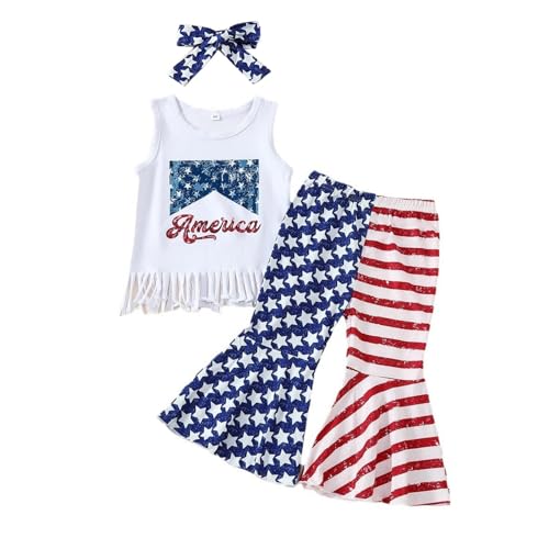 RNTOP Toddler Baby Girl 4th of July Outfit Tassels Sleeveless Tank Tops Bell-Bottom Flared Pants (White, 18-24 Months)