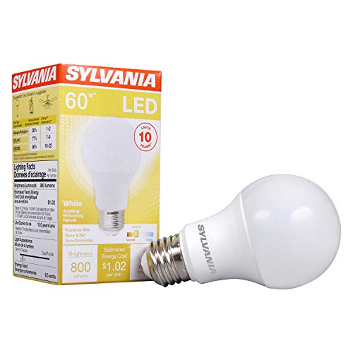 Sylvania A19 LED Light Bulb, 8.5W, 60W Equivalent, 10 Year, Non-Dimmale, 800 Lumens, 3000K, White (74733) (Pack of 1)
