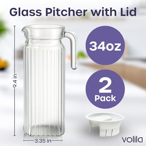 Image of TIINER Fridge Jug 1L Glass Water Jug with Lid (2 Pack) - Clear Water Pitcher with Ribbed Glass Jug Design & Handle for Fridge Shelf & Everyday Use with Vented Spout - Juices, Pimms & Picnics