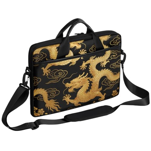 Maletín para portátil con diseño dragón negro y dorado 14-15 pulg