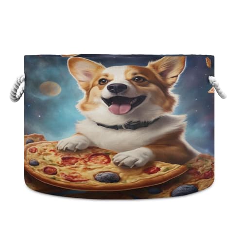 Round Corgi Dog Pizza Storage Basket Large Organizer Bin Laundry Hamper Toy Storage Basket with Handle for Nursery Clothes Toys 202b4947