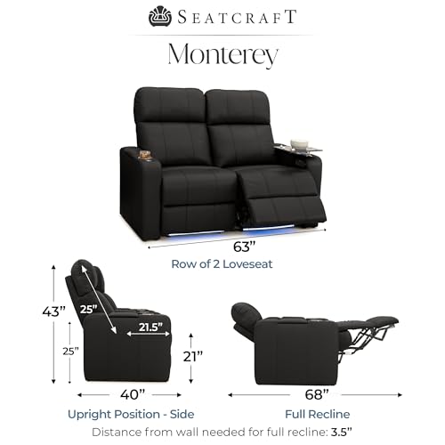 Image of Seatcraft Monterey Home Theater Seating Black Row of 2 Loveseat | Italian Leather, Wall Hugger, Zero Gravity, Powered Headrest, Power Recline, Zero Gap, USB charging