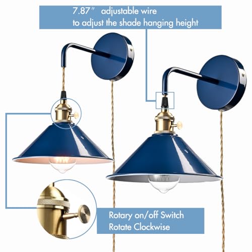 Image of Plug-in Macaron Wall Sconce, Hanging Height-Adjustable Wall Lamp Set of Two, Hardwire Optional, Blue Industrial Wall Light Fixture for Home Office
