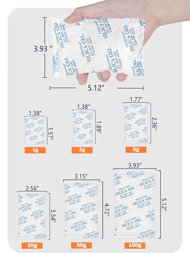 5 gram 50 pack color-indicating silica gel packets premium food grade desiccant - rechargeable moisture absorbers for food storage electronics 3d filament amp safes