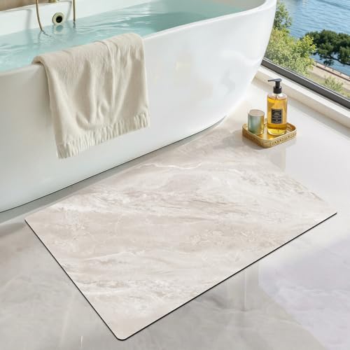 LUMI Ultra Thin Bath Mat Super Absorbent Quick Dry Bathroom Rugs Non-Slip Bathroom Mats Marble Bathmats Fit Under Door Bathtub Sink Shower Room 17x30 White Marble