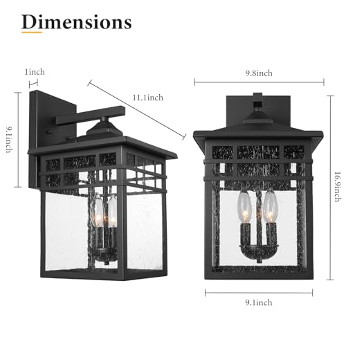 Image of Outdoor Light Fixture Wall Mount, Black Exterior Light Fixture Wall Sconces with Seeded Glass for Front Porch, Large Waterproof Outdoor Square Wall Lantern Outside for House Doorway