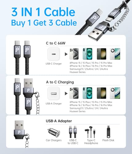 Image of USB C Cable 10FT, USBA to USBC Cable, USBC to C Cable, 2Pack Type C Fast Charging Cables Nylon Braided Cable for iPhone 17 /16 /15 /Pro /Plus /Pro Max /Samsung /LG, with USB C Female to USB A Male Adapter