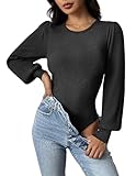 Zeagoo Women 2024 Long Puff Sleeve Sweater Fall Slim Fit Pullover Tops Crewneck Ribbed Knit Bodysuit Jumpsuit Black Small