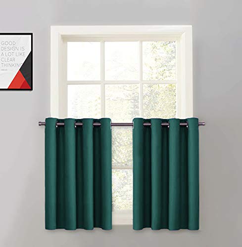 Image of JUPON Kitchen Silk Blackout Curtain (Pack of 2 Piece) with 3 Layers Weaving Technology & Solid Grommet Pattern (W - 44inch X 48inch -L) Teal Blue
