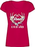 T-Shirt Damen V Ausschnitt - Kompatibel mit Oktoberfest Damen Trachtenshirt - MEI Dirndl is in da Wäsch - mit Hirschgeweih Edelweiß und weißem Schriftzug - XL - Fuchsia - XO1525