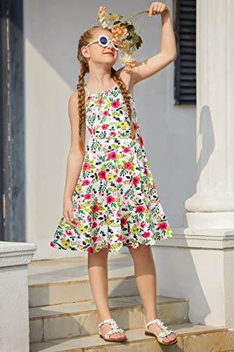 Raisevern Girls Sundress Cami Dress Summer Dresses Flower A-Line Sling Spaghetti Strap Casual Twirly Swing Children Red Yellow Outfits Vacation Party Size 8-9 Years Old #TOP3