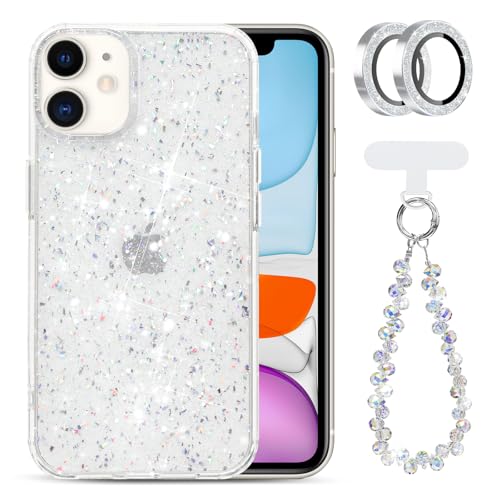 FanTEK Compatible with iPhone 11 Glitter case with Glitter Camera Lens Protector and Beaded Sparkling Phone Wrist Strap Clear Bling Sparkly Cute Phone Case for Women and Girls