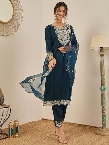 Image of VredeVogel Kurta Set with Dupatta | Viscose Rayon Embroidered Kurta Set for Women | Women's Ethnic Casual Kurti Set |Kurta Pant Festive Suit