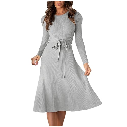 Damen Strickkleid Winter Langarm Pulloverkleider Knielang Elegant Wickelkleid Lässiges Einfarbig Winterkleid mit Gürtel Midikleid Warm A Linie Kleid...