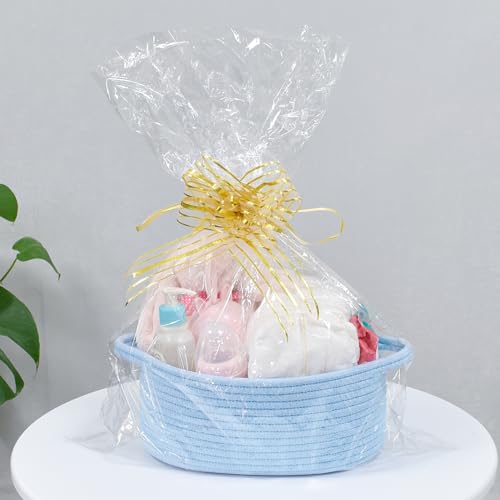 Image of ABenkle Small Basket with Handles, Boho Decorative Rope Woven Dog Cat Toy Storage Bin Shelf Storage Organizer, Easter Christmas Gift Basket, 12 inchx8 inchx5 inch, Blue