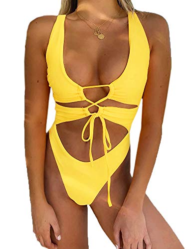 CHYRII Women's Sexy Cutout Lace Up Backless High Cut One Piece Swimsuit Monokini