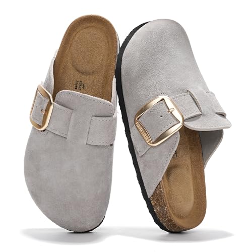 Image of Project Cloud 100% Genuine Leather Clogs for Women Shoes - Memory Foam Insole, Non-Slip & Natural Cork Footbed Arch Support Big Buckle Womens Clogs and Mules Footwear (Manchester)