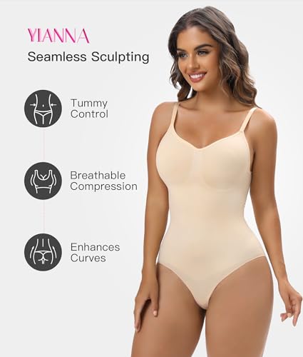 Image of YIANNA Women's Shapewear Tummy Control Seamless Bodysuit Thong Body Shaper | Waist Shaping Faja Body Suit, High Stretch Compression Garment, Hook and Eye Crotch, for Invisible Under Dresses & Daily Wear