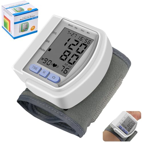 Monitor de presión arterial de muñeca, máquina digital de presión arterial con pantalla LCD grande, estuche de almacenamiento y puño ajustable, tensiómetro de frecuencia cardíaca de pulso para uso