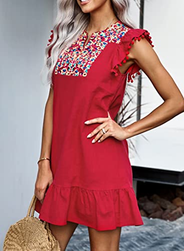 Image of KIRUNDO Boho Summer Mini Embroidered Dresses for Women | Floral Embroidery, Casual V Neck, Spring Fashion, Sleeveless Shift, Mexican Style, Ruffle Hem, Cute Country Concert Outfits
