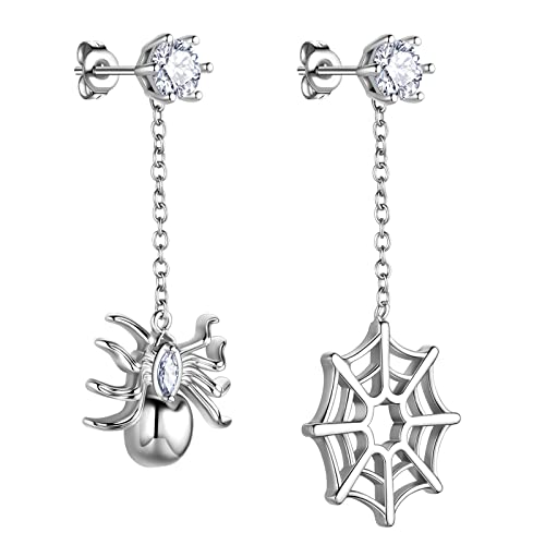 Beautlace Halloween Spider Stud Earrings Silver Plated Spider Web Tarantula Dangle Earring for Women and Men KE0097W