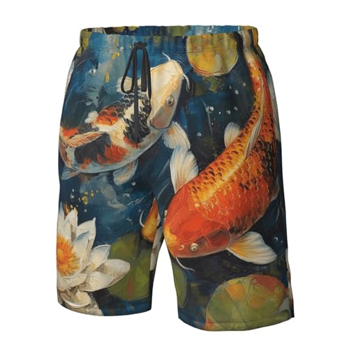 Men's Quick Dry Swim Shorts Fish Lotus Flowers Oil Painting Asian Style Beach Trunks with Pockets4