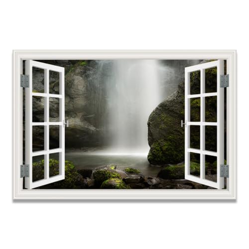 Lienzo efecto ventana de montañas nevadas para decorar dormitorios modernos sin marco