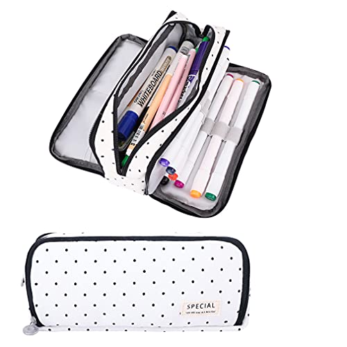 iSuperb Large Pencil Case Big Capacity Pencil Pouch 3 Compartments Pen Bag Canvas Marker Pen Bag for Teen Boys Girls School Students (Black Polka Dot)