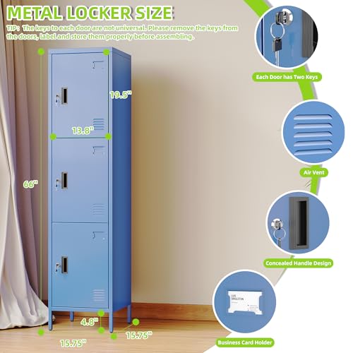 Image of Aobabo 16 inch W 3 Door Metal Storage Locker with Lock, 66 inch H Steel Locker with Name Card Holder and Metal Leg for School, Home, Office, Playroom, Assembly Required, Blue