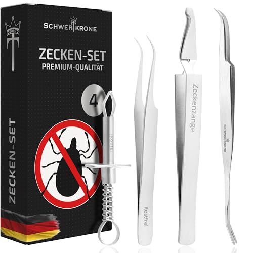 Schwertkrone® Set di 4 pinze per zecche [acciaio inox di alta qualità] – pinze per zecche per cani, gatti e umani – pinzette per zecche per cani – pinza zecche bambini – Set di 4 pezzi