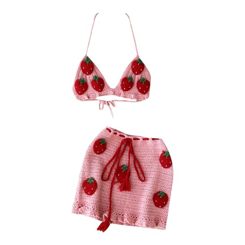 Womens Summer Crochet Halter Crop Tops Boho Bikini Skirt 2 Piece Sets Swimsuit Cute Strawberry Beach Vacation Outfits