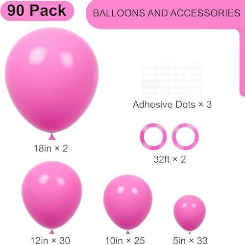 Image of Voircoloria 90pack Retro Hot Pink Balloons Different Size 18 /12 /10 /5 Inch Retro Hot Pink Balloon Garland Arch Kit for Graduation, Wedding, Birthday, Princess Theme Party, Valentine's Day Decorations