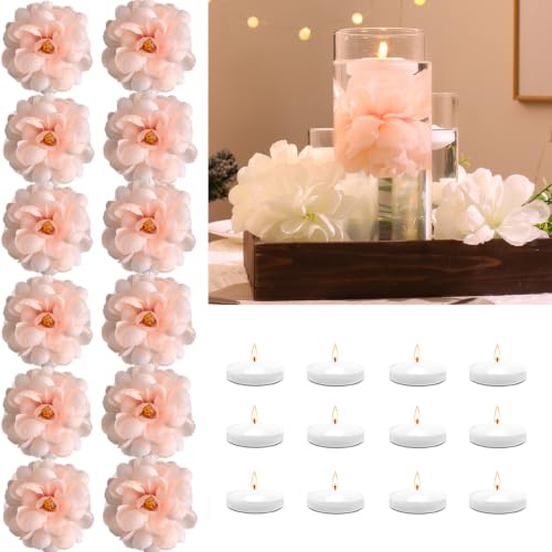 WPPNSY 24 Pcs Floating Candles for Centerpieces and Floating Flowers Artificial Flowers Head Vase Filler for Party Home Table Wedding Centerpieces Decoration (Blush Pink)
