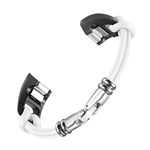 bayite for Fitbit Alta and Alta HR Bands, Leather Bands Metal Clasp Leather Cord Wristband White Large 6.7