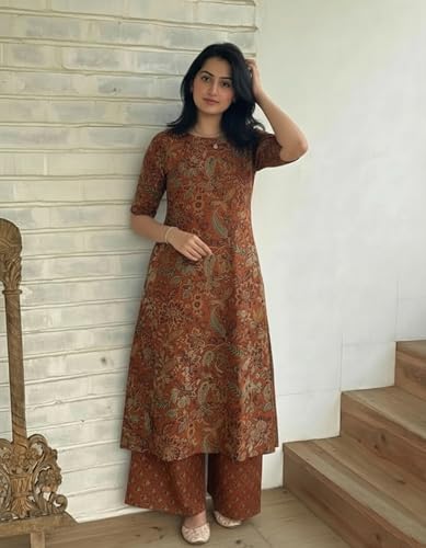 Image of ANNI Designer Women's Rayon Viscose Straight Printed Kurta with Palazzo | Elbow Length Sleeve Kurti Set | Close Neck with Back Slit | Soft Comfortable Fabric | 2 Piece Outfit