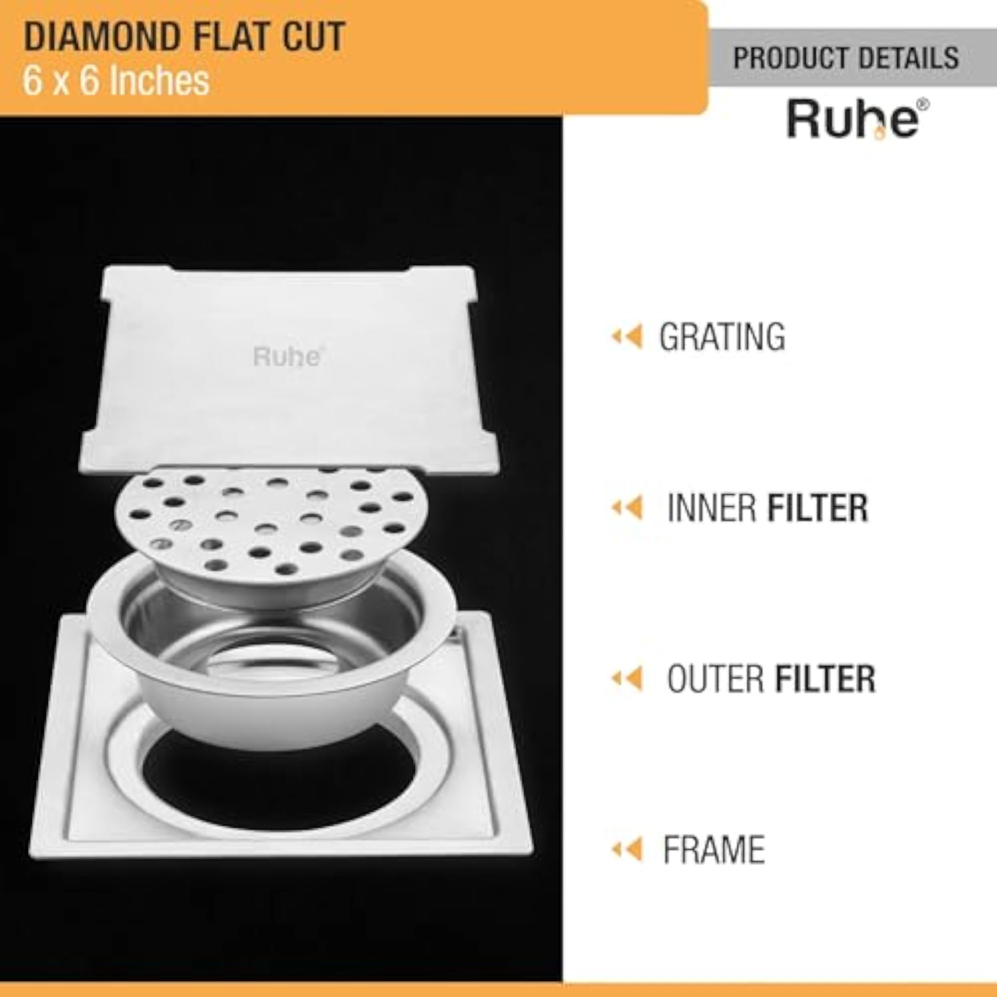 304-Grade Stainless Steel Square Flat Cut Floor Drain