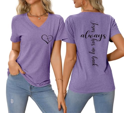 Image of Jesus Christian Shirts Womens Jesus Always Has My Back Tshirt Religious Faith T-Shirt V Neck Inspirational Funny Top