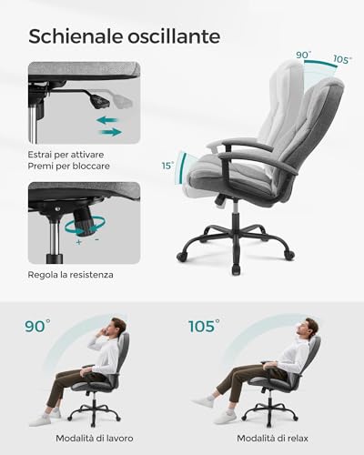 Ufficio, Scrivania, Gaming con Braccioli, Computer, Sedia Direzionale, Regolabile in Altezza, per Studio, Grigio Tortora e Nero Inchiostro OBG057G01, Poliuretano, 67 x 68 x (112-122) cm - Sedia gaming - Immagine 5