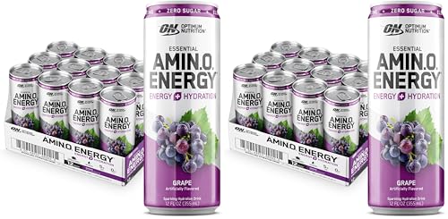 Image of Optimum Nutrition Amino Energy Sparkling Hydration Drink, Electrolytes, Caffeine, Amino Acids, BCAAs, Sugar Free, Grape, 12 Fl Oz, (Packaging May Vary), 12 Count (Pack of 2)