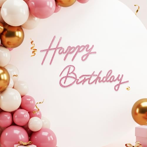 Image of TONIFUL Happy Birthday Sign for Backdrop - Glitter Pink Felt Banner - Includes Dot Glue - Perfect for Birthday Party Backdrop,Wall Decr,Balloon Arch,Photo Background
