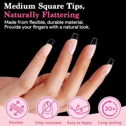 Image of Medium Square Nail Tips 510 Pcs Clear Half Matte 15 Sizes | Clear full cover square tips with pre-shaped half matte surface for DIY nail extensions and salon manicures.