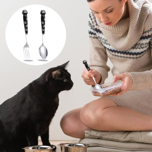 AffeGifts Katzen Löffel Lang 19.5cm, Hundefutter Gabel und Futterlöffel Edelstahl Nassfutter für Hunde und Katzen
