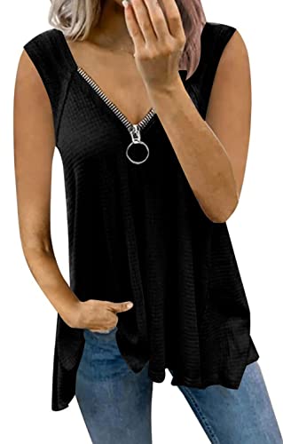 Niceyi Womens V Neck Tank Tops Casual Waffle Knit Loose Tunic Tops Sleeveless Front Zipper Shirts #TOP5