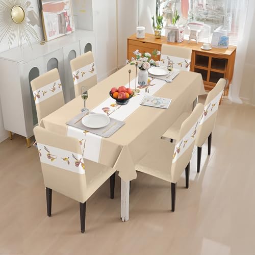 Image of Amazon Basics Dining Table Cover with 6 Chair Covers|Table Cover: 100% Polyester Woven Fabric 140 GSM, 220Cm X 140Cm|Chair Cover: 95% Polyester & 5% Spandex 110 GSM, 50Cm X 40Cm|Cream, Rectangular