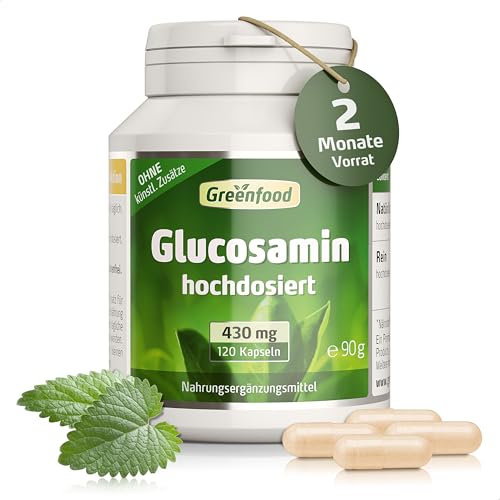Glucosamin, hochdosiert, 430mg - 120 Kapseln, vegan. Hochwertige Glucosamine (Glucosaminsulfat) – mit hoher Bioverfügbarkeit. OHNE künstliche Zusätze - laborgeprüft. Von Greenfood.