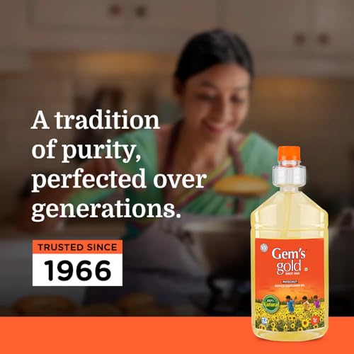 Image of Gem's Gold physically refined sunflower Cold Pressed Cooking Oil 1 Litre | Smart Bottle | Chemical Free, Kacchi Ghani, Chekku | Physically Refined Sunflower Oil