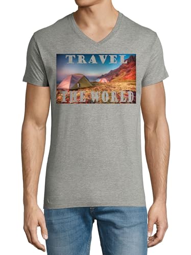 T-shirt Mountain Camping homme col V coton gris XXL vêtement de randonnée Travel The World