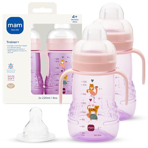 Image of MAM Trainer Sippy Cup for Toddlers 1-3, 8 oz. Transition Drinking Cup with Extra-Soft Spout, Spill-Free Nipple, and Non-Slip Handles, for Girls 4+ Months, 2 Count