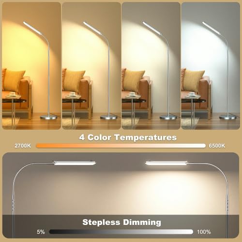 Image of Dimmable LED Floor Lamp, Super Bright Reading Lamps Floor Standing lamp with Remote & Touch Control, Stepless Dimming & 2700K-6500K Color Temperature, for Living Room Bedroom Office, Nickel Plating